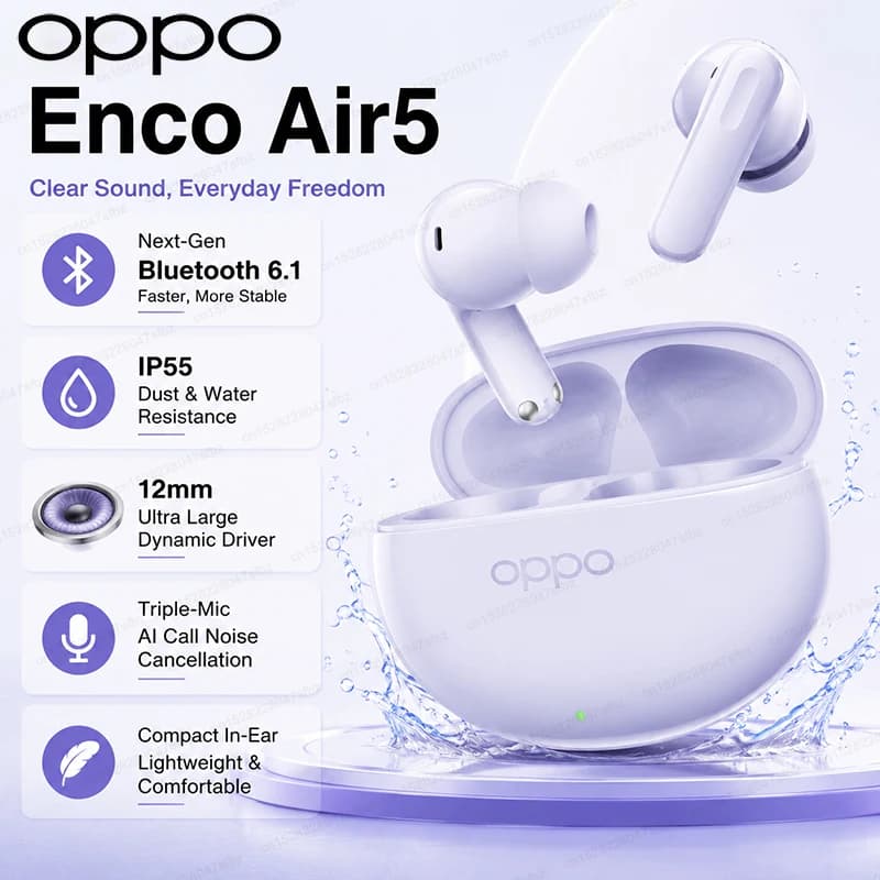 Original OPPO Enco Air 5 TWS Wireless Earphones Bluetooth 6.0 Dual MIC Stereo Noise Reduction Bass HIFI Touch Control Earbuds