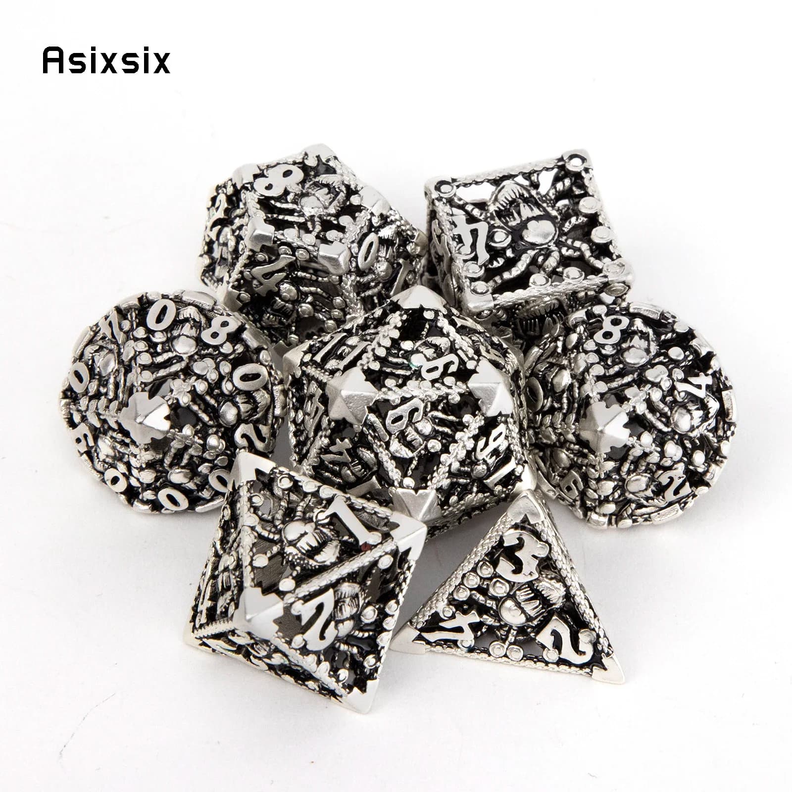 Set di 7 Dadi Metallici a Forma di Polpo, Argento e Nero, Dadi Poliedrici Cavi in Metallo, Adatti per Giochi di Ruolo, RPG, Giochi da Tavolo e Giochi di Carte