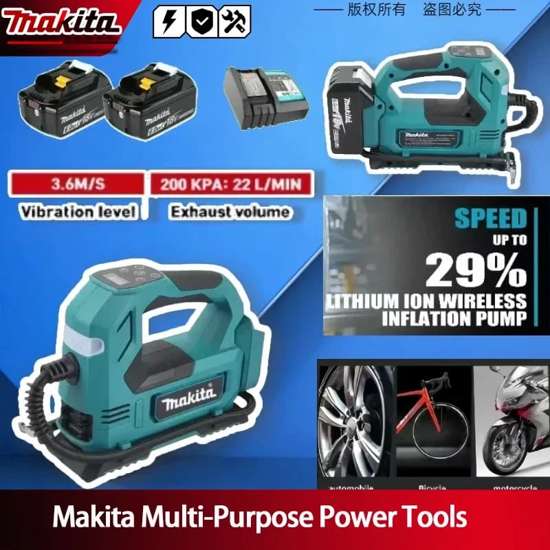 Compressore d'aria portatile Makita, elettrico a batteria da 18V, senza fili, per gonfiare pneumatici di auto, biciclette e palloni.