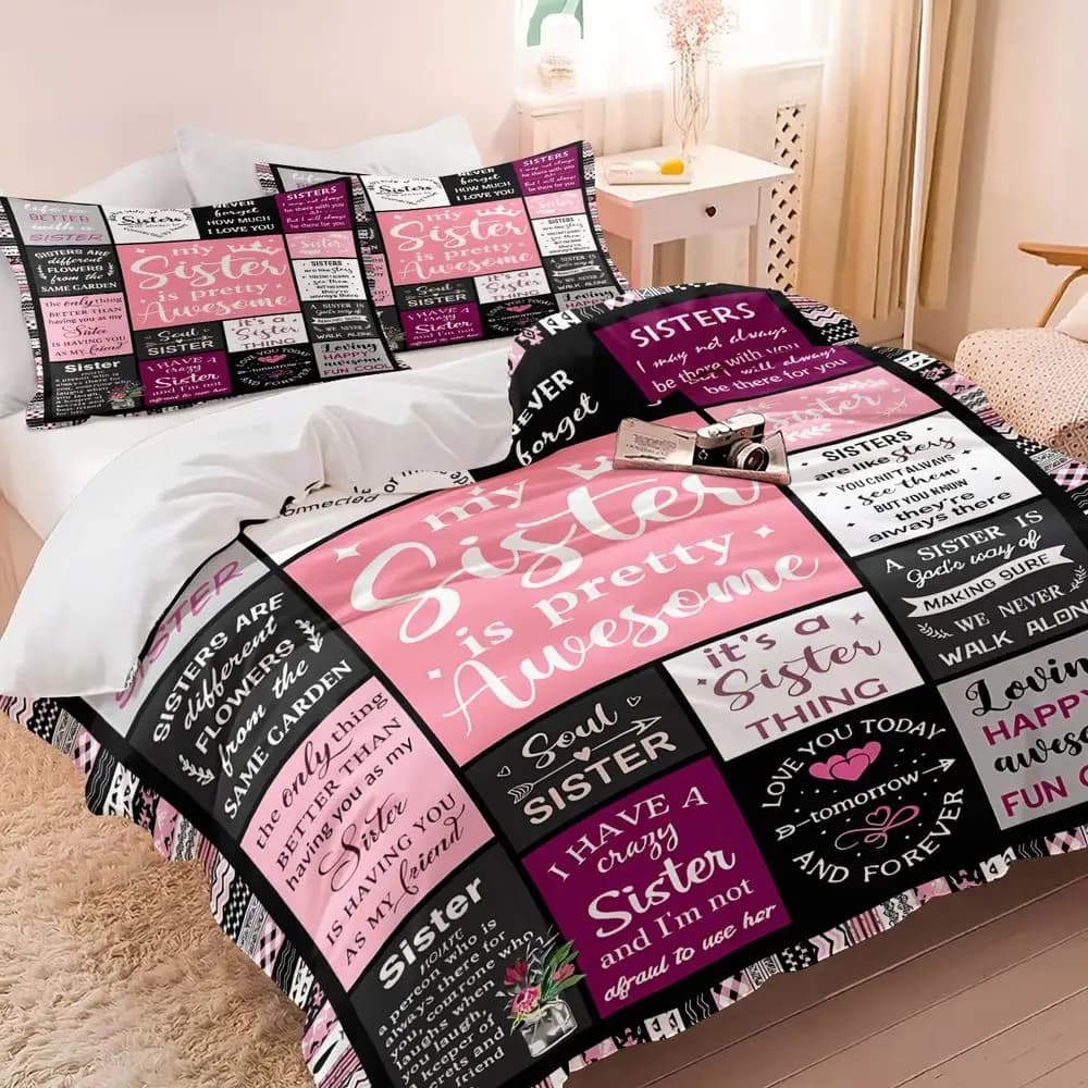 Sister Themed Duvet Cover Set(1 Duvet Cover & 1/2 Pillowcase) Soft Bedding Set Heartfelt Gift for Sisters Bedroom Decor