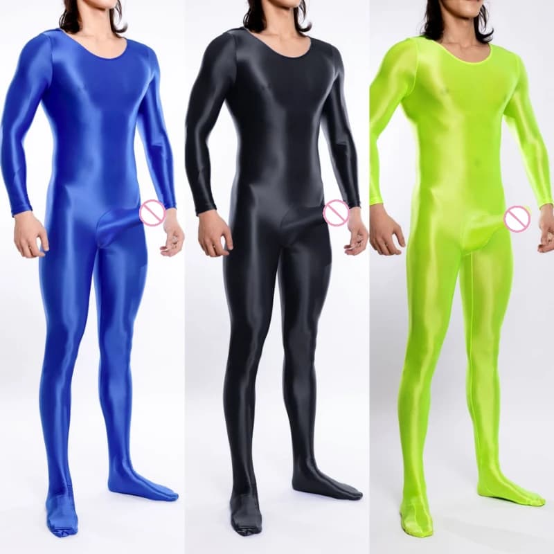 Men Sexy Jumpsuit Oil Shiny Glossy Stockings Bullet Separation Elephant Nose Underwear Thin Transparent High Elastic Bodysuit