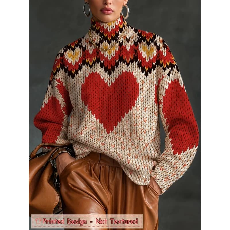 Women's Heart Fair Isle Turtleneck Sweater Long Sleeve Knit Pullover Loose Soft Warm Autumn Winter Casual Holiday Jumper Top
