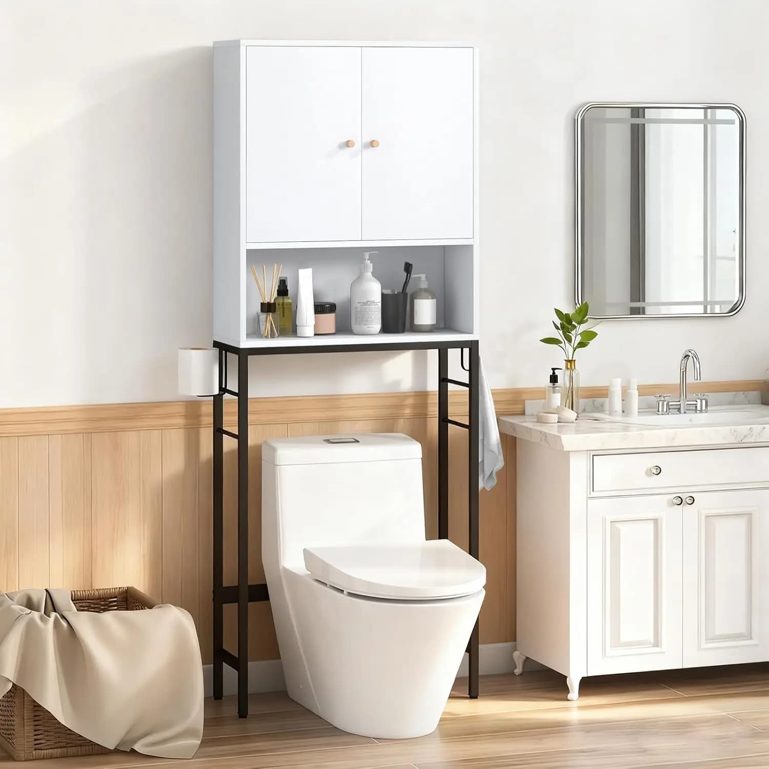 Mobiletto salvaspazio da bagno sopra il WC con porta carta igienica e gancio, ripiano regolabile e barra inferiore, spazio aperto per riporre oggetti