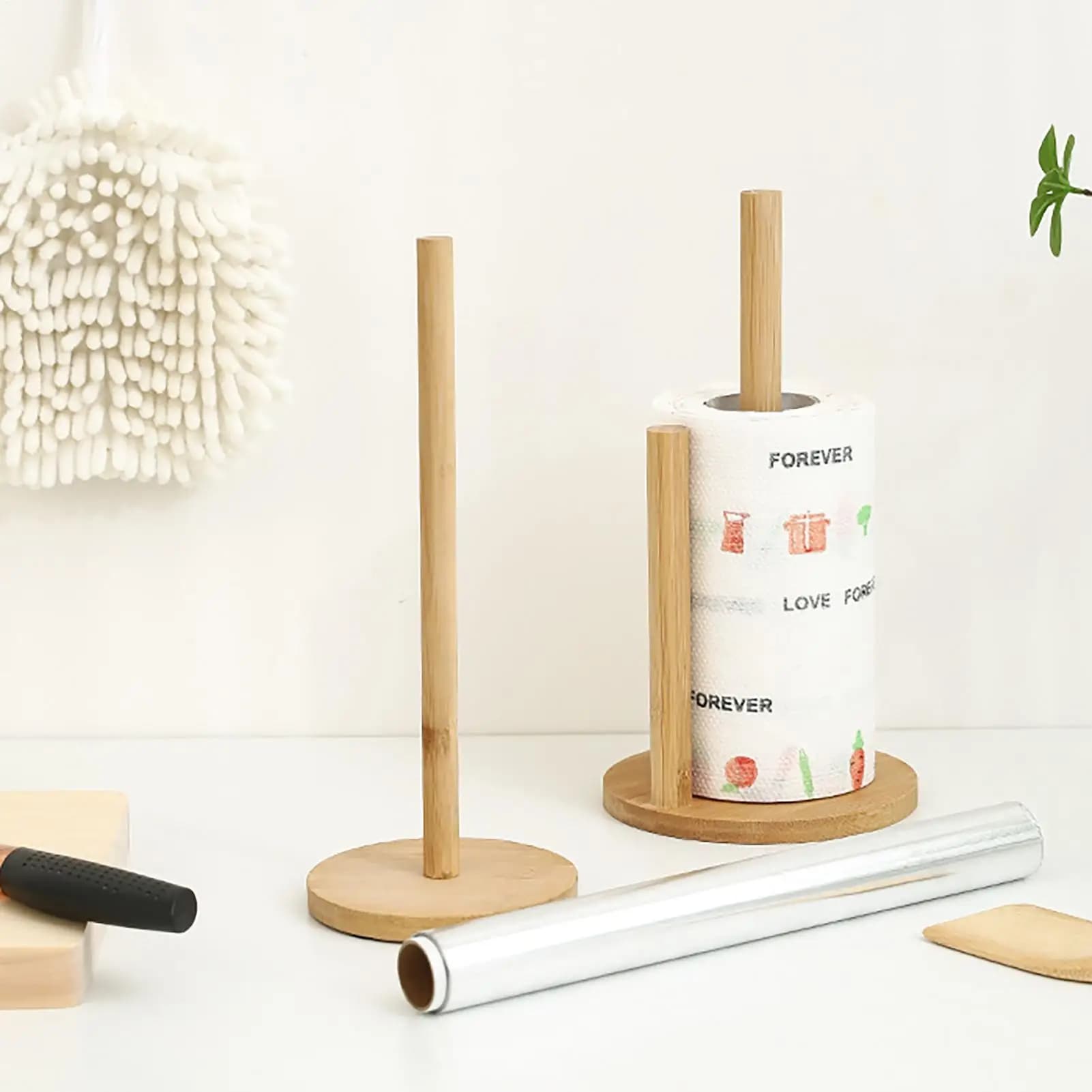Portarotolo in Legno da Appoggio, Supporto Verticale in Legno per Rotoli di Carta, Facile da Installare per Pellicola Trasparente e Carta Assorbente