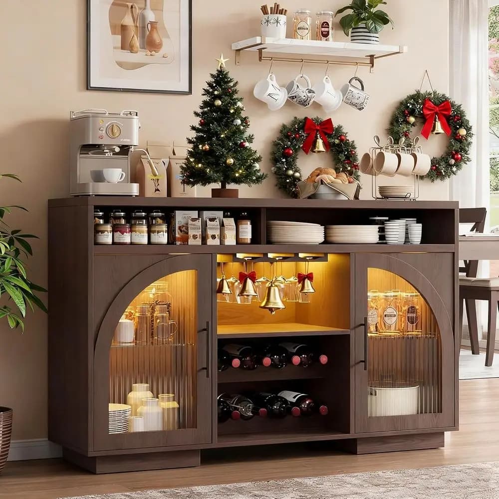 Credenza in vetro ad arco illuminata a 54 LED con portabottiglie e contenitore per sala da pranzo e cucina, marrone