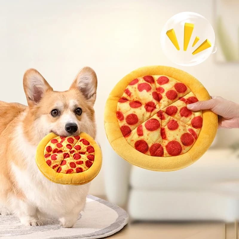 ​ ​ Giocattolo per cani cigolante con pizza: giocattolo da masticare resistente ai morsi con design alimentare realistico, massaggiagengive per cuccioli di addestramento interattivo ​ ​