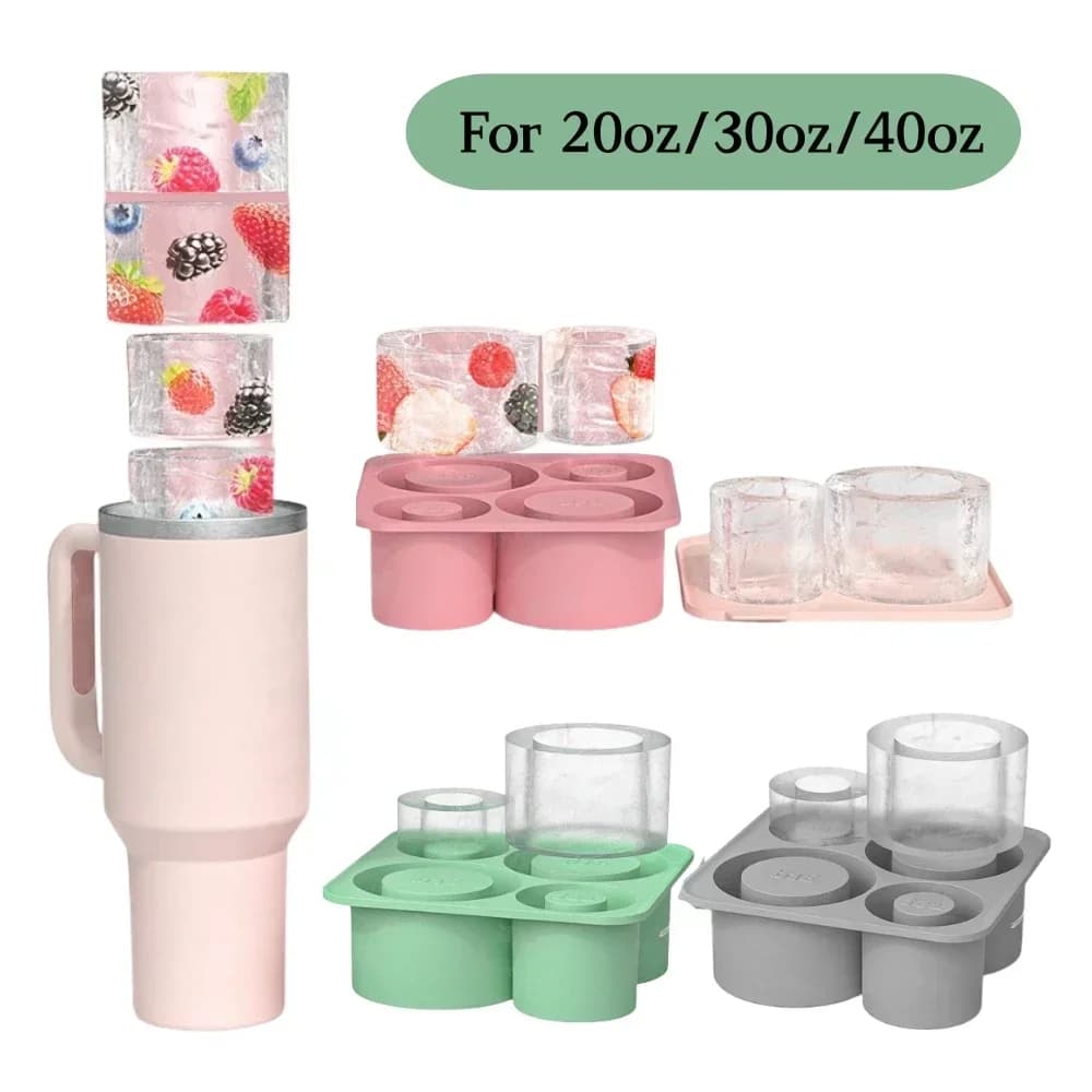 Vassoio per ghiaccio con bicchiere per accessori Stanley da 20 once 30 once 40 once Cilindro in silicone da 4 pezzi Stampo per ghiaccio senza BPA con contenitore e coperchio per il congelamento
