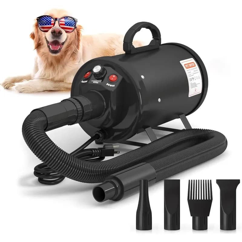 High-Velocity Dog Dryer for Grooming Quiet Pet Hair Blow Dryer with Heater 4 Nozzles and Adjustable Speed Professional Dog