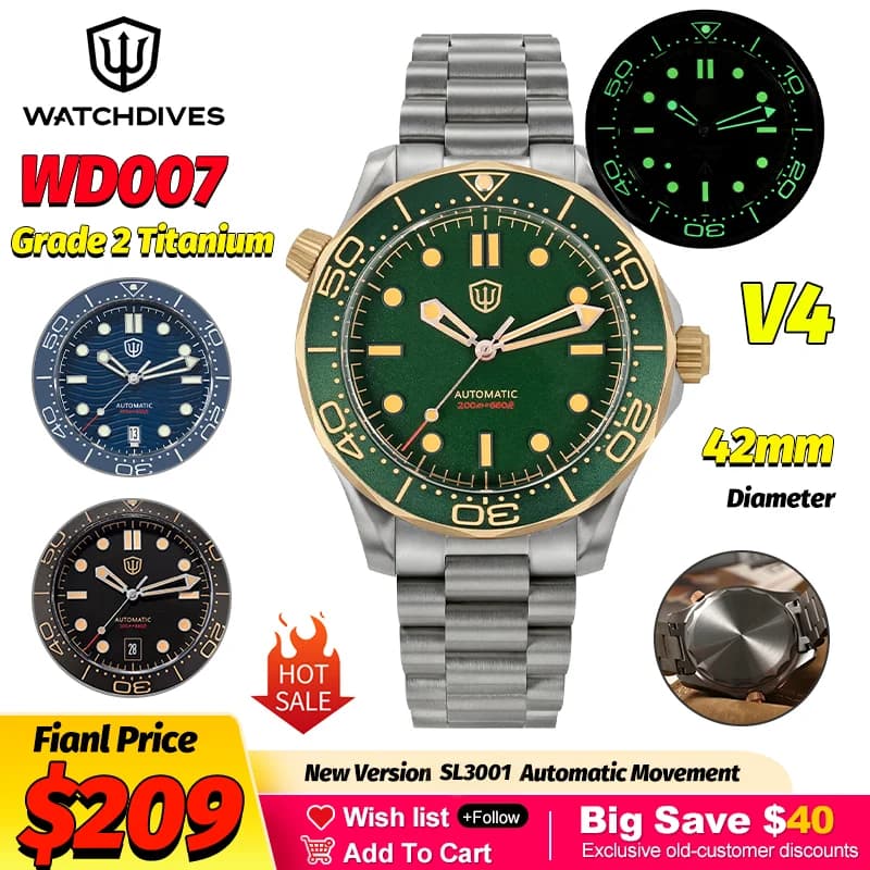 Watchdives WD007 V4 42Mm Titanium Automatic Underwater Watch Green Dial 007 NTTD PT5000 Waterproof 20Bar Men's Gift Mechanical Watches