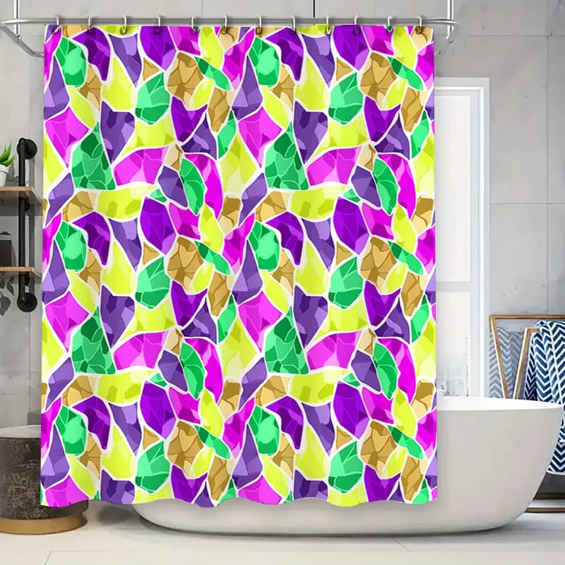 Tenda da doccia geometrica dai colori vivaci per l'arredamento del bagno Viola, giallo, verde rosa Tappetino da bagno in tessuto impermeabile colorato