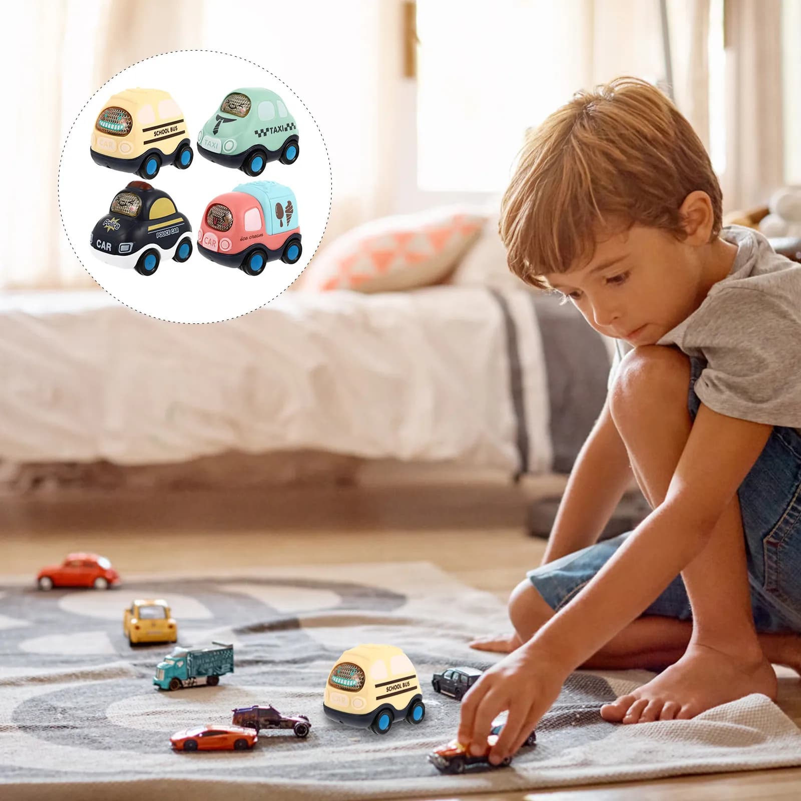 Set di 4 Auto a Inerzia Leggere in Plastica, Mini Veicoli per Bambini, Gioco Educativo per Coordinazione Occhio-Mano, per Casa, Ufficio, Feste