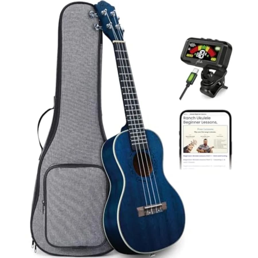 Ukulele Tenore 26 Pollici Professionale in Legno con 12 Lezioni Online, Borsa e Accordatore Ricaricabile - Blu Stellato