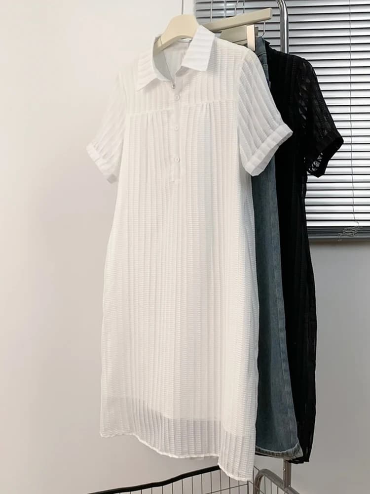 Elegant Short Sleeve Midi Dress Women Summer plus Size Flattering Loose A-Line Skirt Korean Style High Waist Casual Wear