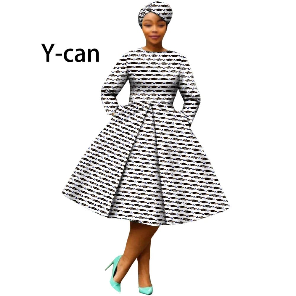 Abiti con stampa africana per donna Bazin Riche Gonna drappeggiata a maniche lunghe con tasche abbinate Abiti da festa vintage con fascia per capelli A 7225111