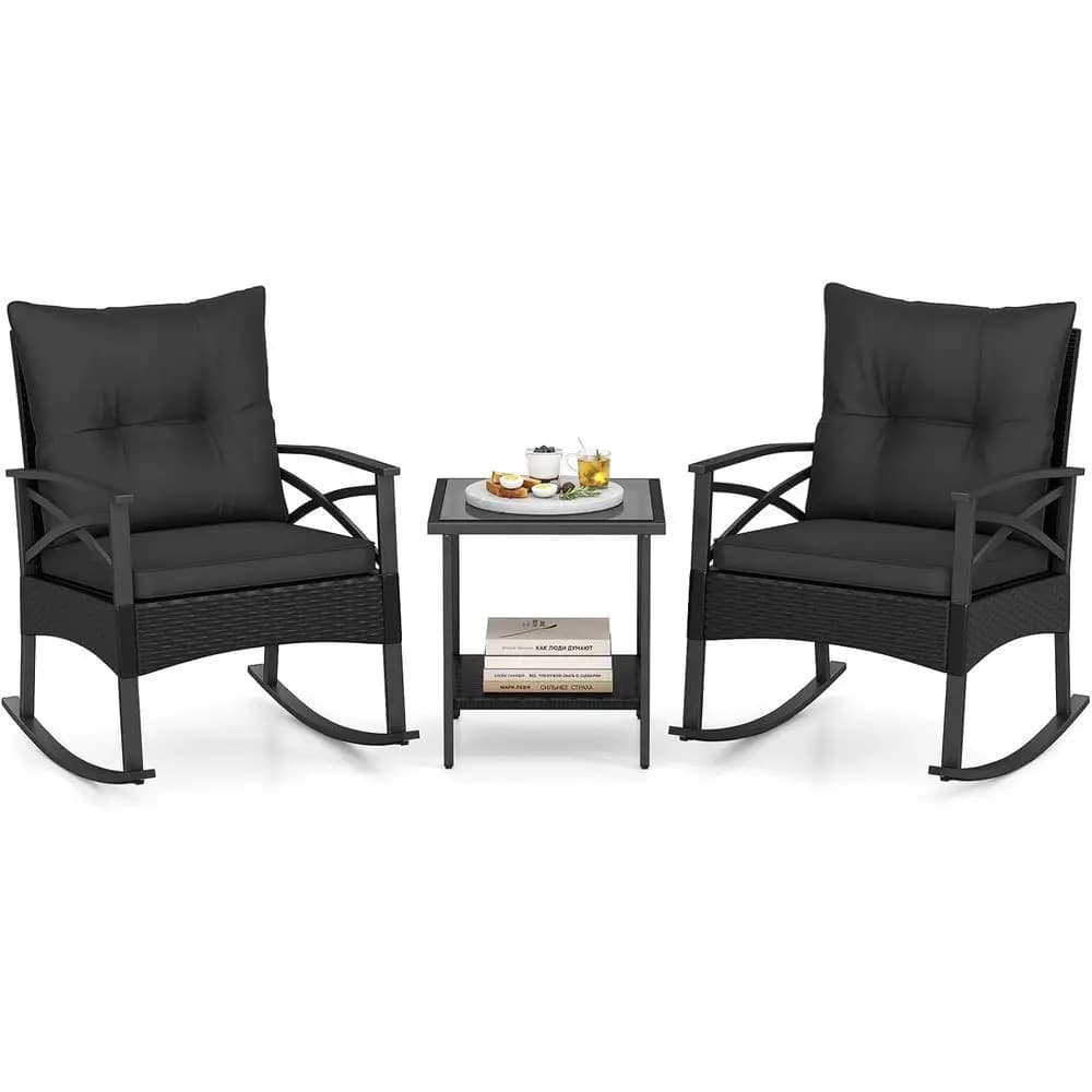 Set di 3 Sedie a Dondolo da Esterno con Cuscini e Tavolino in Vetro a 2 Ripiani per Patio, Balcone o Giardino (Nero e Grigio)