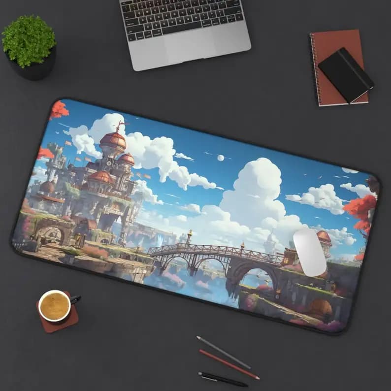 Tappetino da tavolo del Regno dimenticato, tappetino per mouse High Fantasy Castle View XXL, tappetino per mouse da gioco antiscivolo, decorazione per desktop fantasy carina