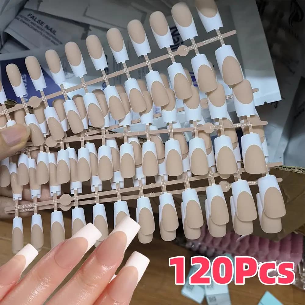 120 pezzi unghie finte francesi nude bara media stampa sulle unghie design bordo bianco balletto opaco indossabile punte delle dita finte usura quotidiana 1