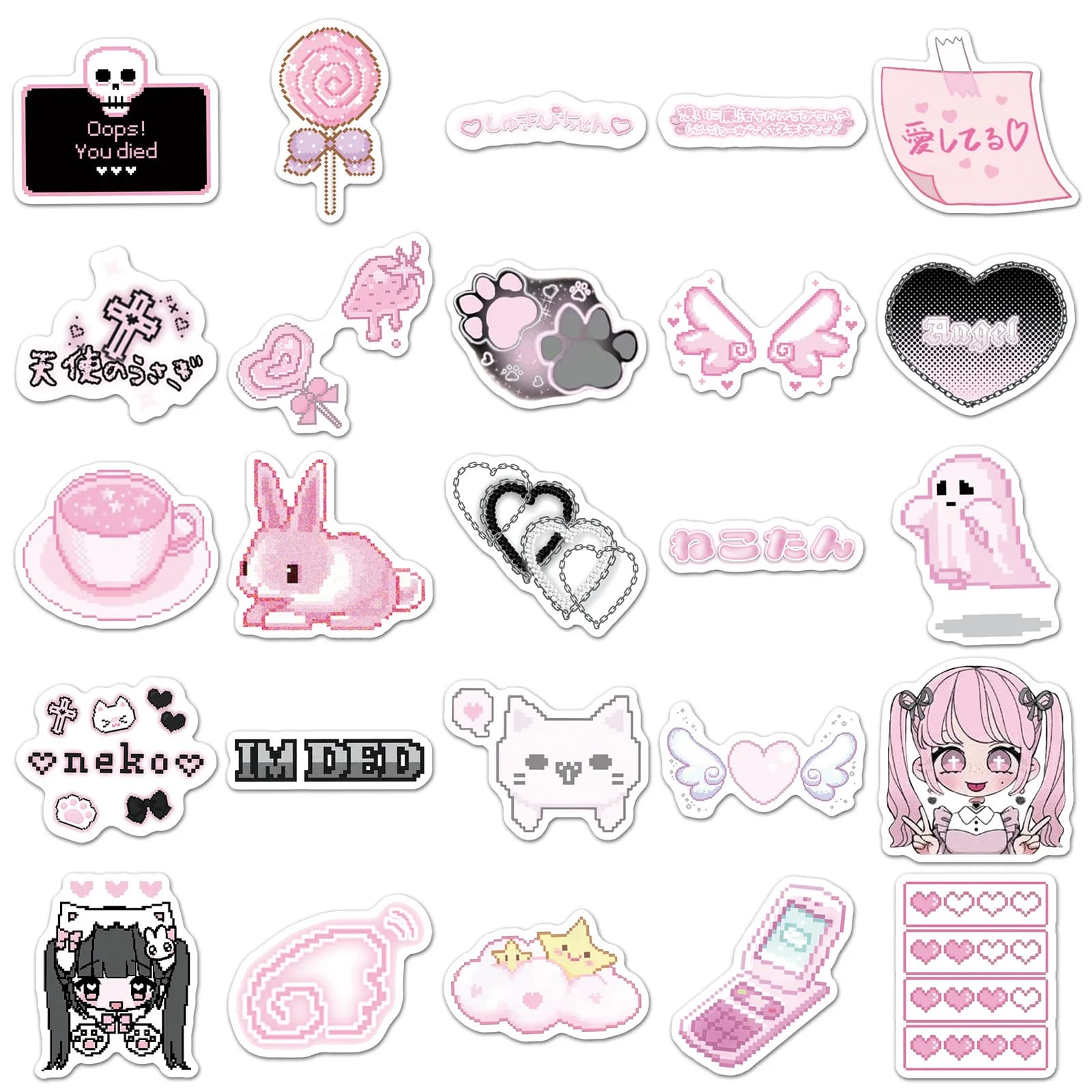 50 pezzi rosa pixel stile impermeabile ragazza giapponese adesivi per oggetti carini notebook fai da te chitarra valigia mobile tazza d'acqua giocattoli graffiti