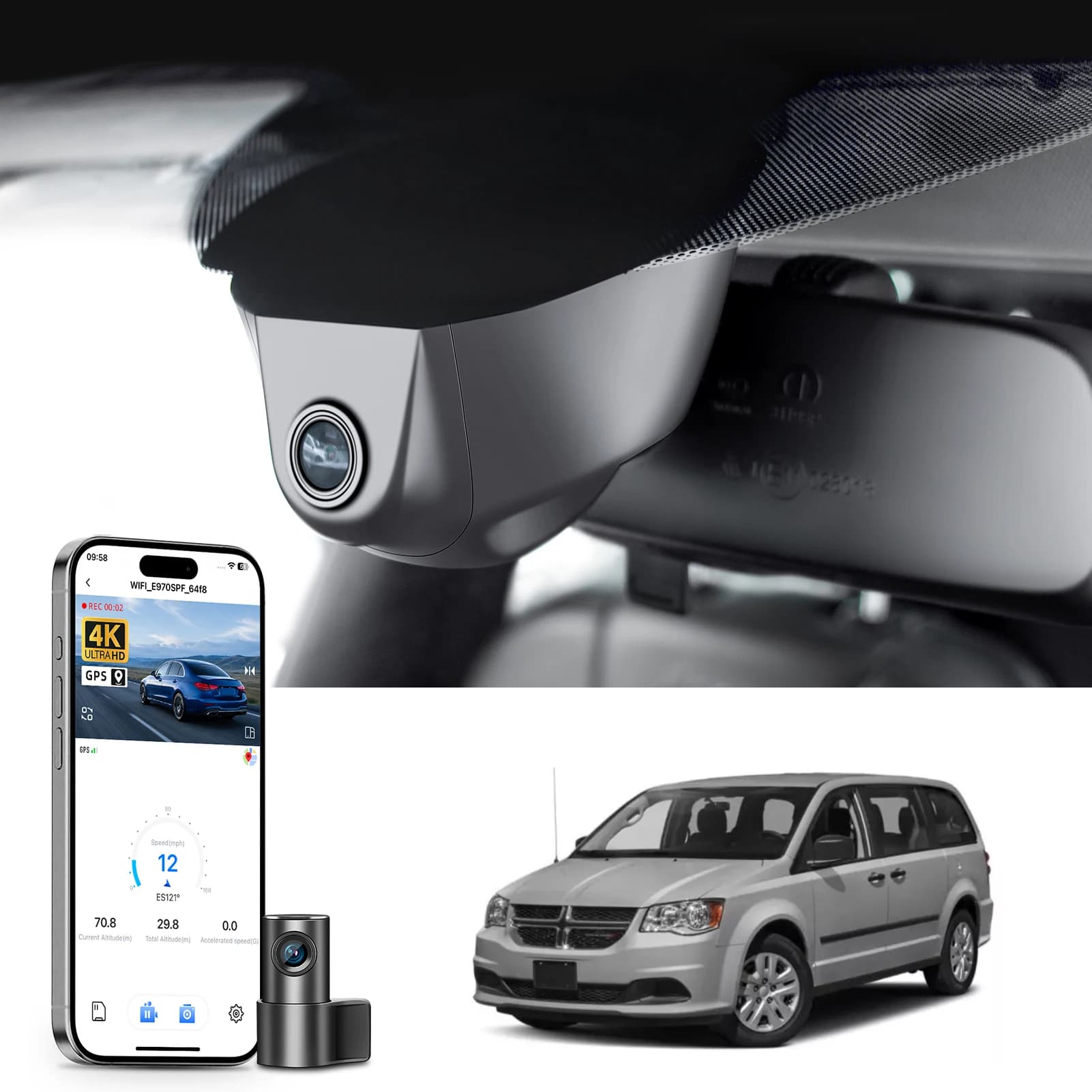 Mangoal 4K Dash Cam suitable for Dodge Grand Caravan 2018-2020,GT SE SXT Accessories Parking Monitor WiFi app control