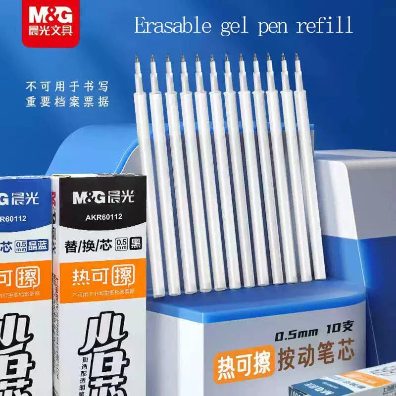 Ricariche per Penna Gel Cancellabile M&G Punta Fine Conica 0.5mm Nero/Blu Cristallo/Punta ST 10pz/Scatola, per Studenti e Ufficio, Cancellabile a Calore e Frizione