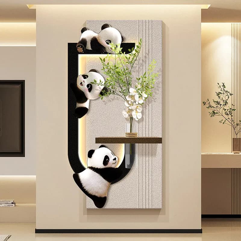 Modern Panda Entrance Decoration Painting Hydroponics Green Plants Corridor Hanging Black White Gray Sandstone Led Mural Lights