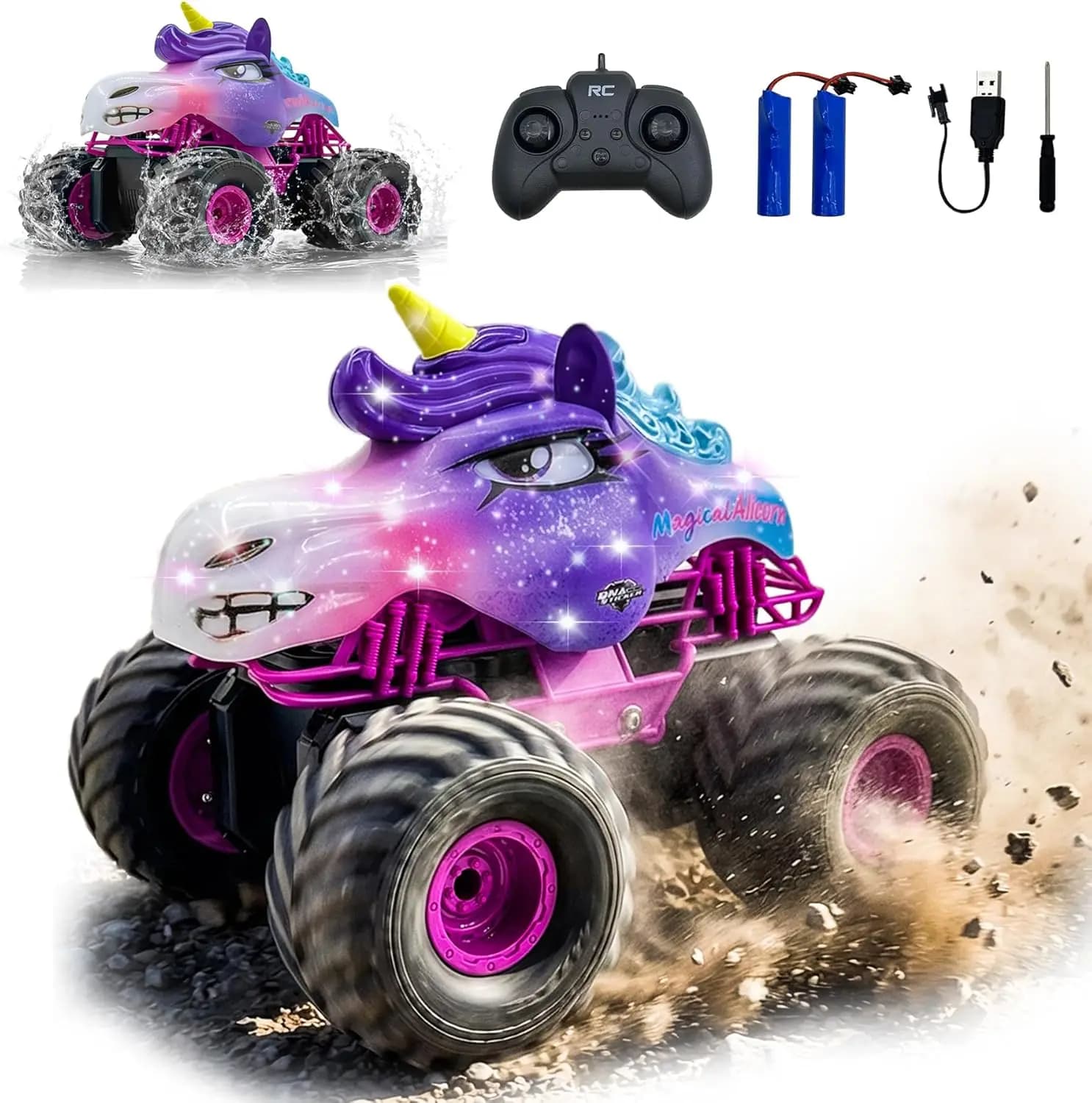 Auto RC Unicorno per Ragazze 1:18, Camion Telecomandato Anfibio Fuoristrada con Luci LED per Tutti i Terreni