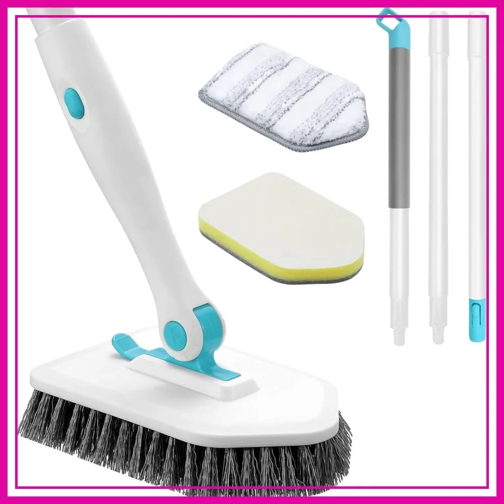 Spazzola per doccia 3 in 1 con manico lungo, spazzola per la pulizia regolabile per bagno, cucina, piastrelle, vasca, lavandino, blu bianco