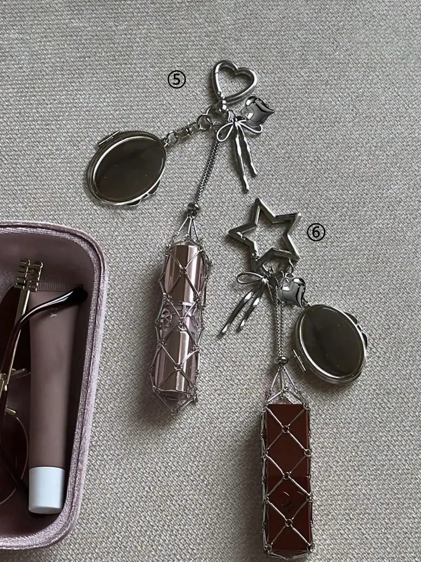 Metal Lipstick Holder Keychain With Interchangeable Stainless Steel Mesh Bag, Heart And Star Shaped Lipstick Case Decoration, Built-In Mini Mirror, Fashionable Hanging Accessory, Suitable For Storing Lip Balm And Cosmetics, Stylish Charm For Handbags And