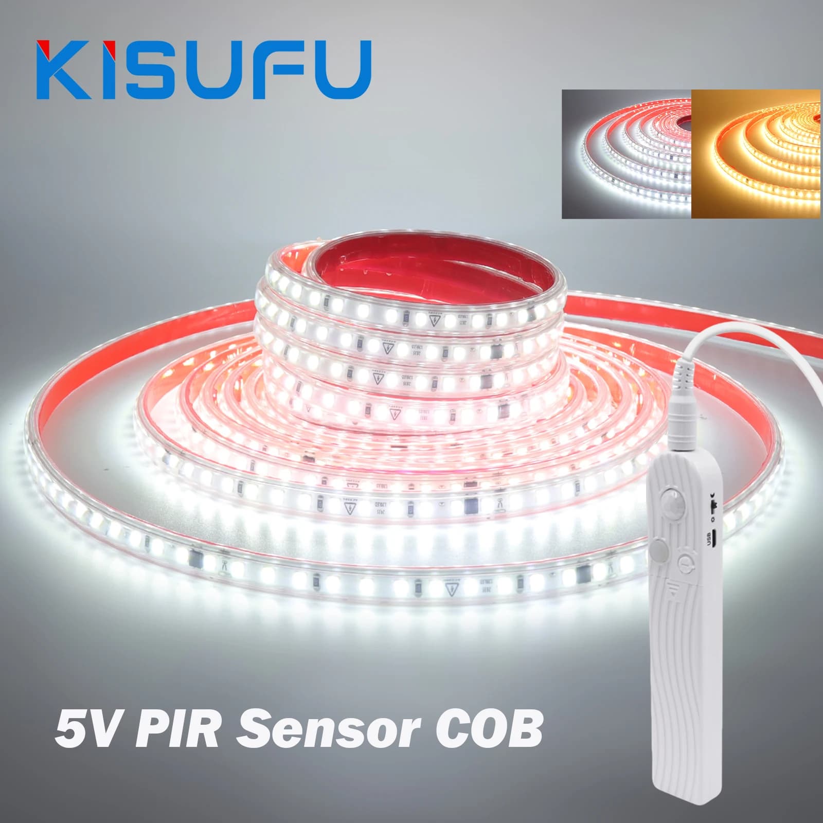 Striscia LED COB con Sensore di Movimento 5V, Impermeabile IP68, Bianco Caldo, 120 LED/M, Alimentata a Batteria, Lampada Flessibile per Armadio e Guardaroba, Dimmerabile