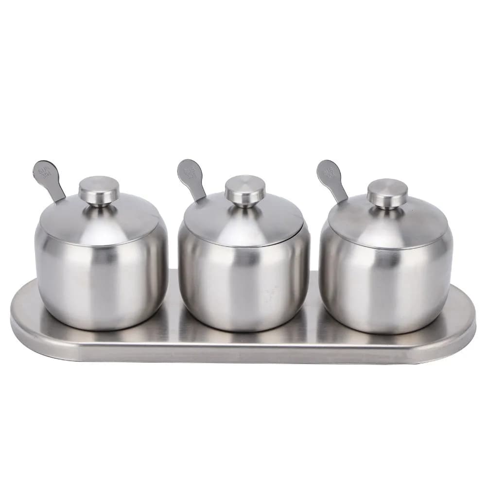 304 Stainless Steel Seasoning Pot Set 300ml With Serving Spoons Condiment Cruet Bottle With Lid With Non-slip Base Spice Jar Set