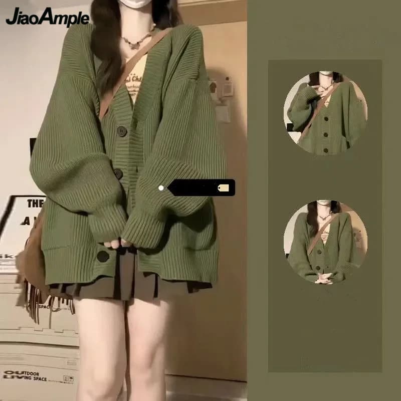 Cardigan maglione verde chic autunno inverno da donna Mini gonne a pieghe Set due pezzi New Lady giacche larghe in maglia gonna abiti