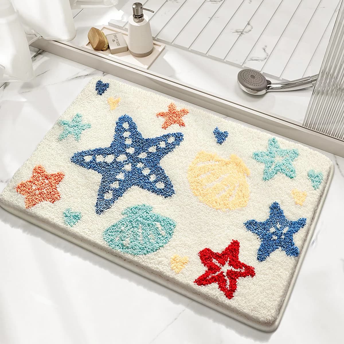 VIKAMA Tappetino da bagno in finto cashmere Ingresso antiscivolo Assorbente d'acqua Cartoon Starfish Shell Tappeto Decorazione della casa