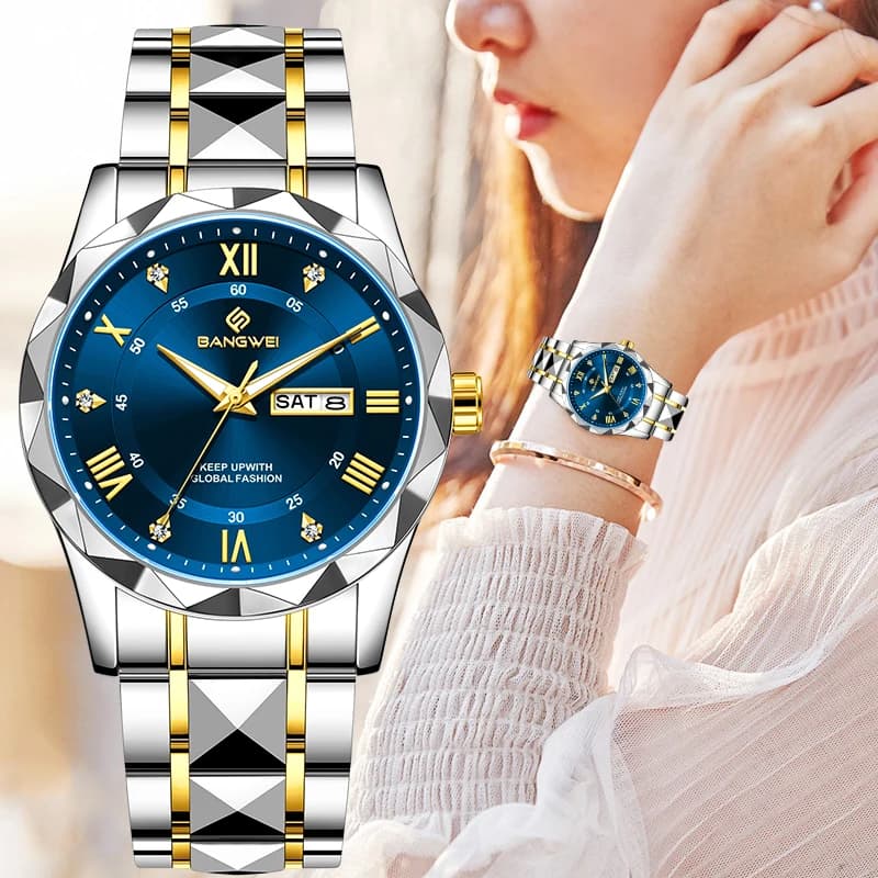 BANGWEI Ladies' watch elegant and luxurious quartz, classic and simple stainless steel wristwatch, with automatic date, waterproof, with diamonds