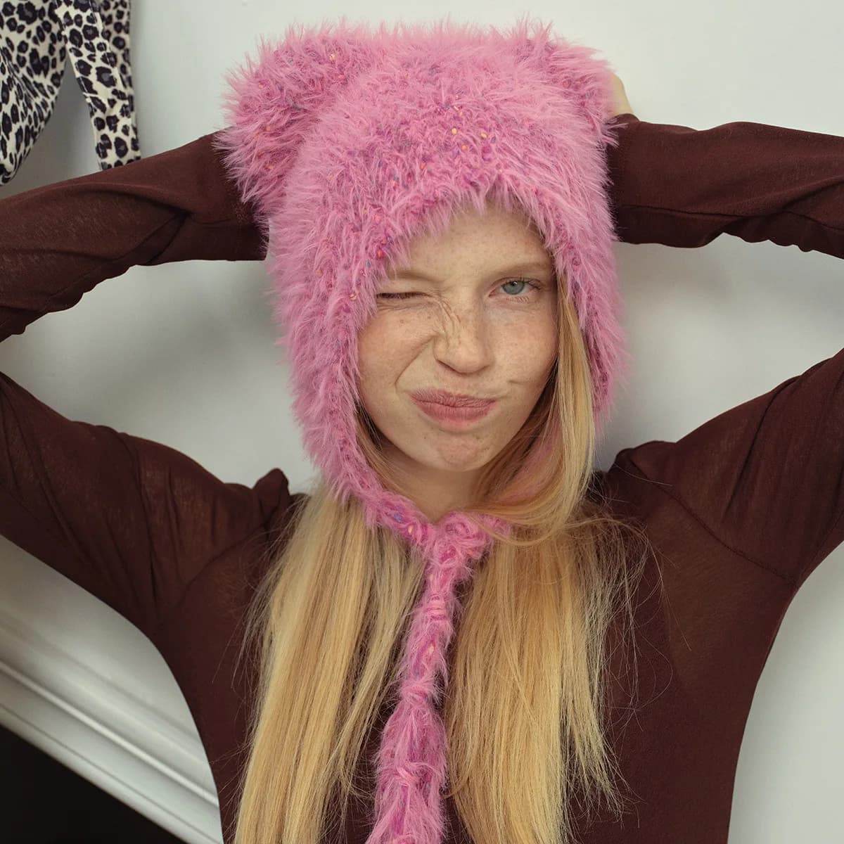 Dopamine Color Bear Knit Hat for Women Winter Warm Tie-Up Cute Beanie Soft Balaclava Style Multi Colors