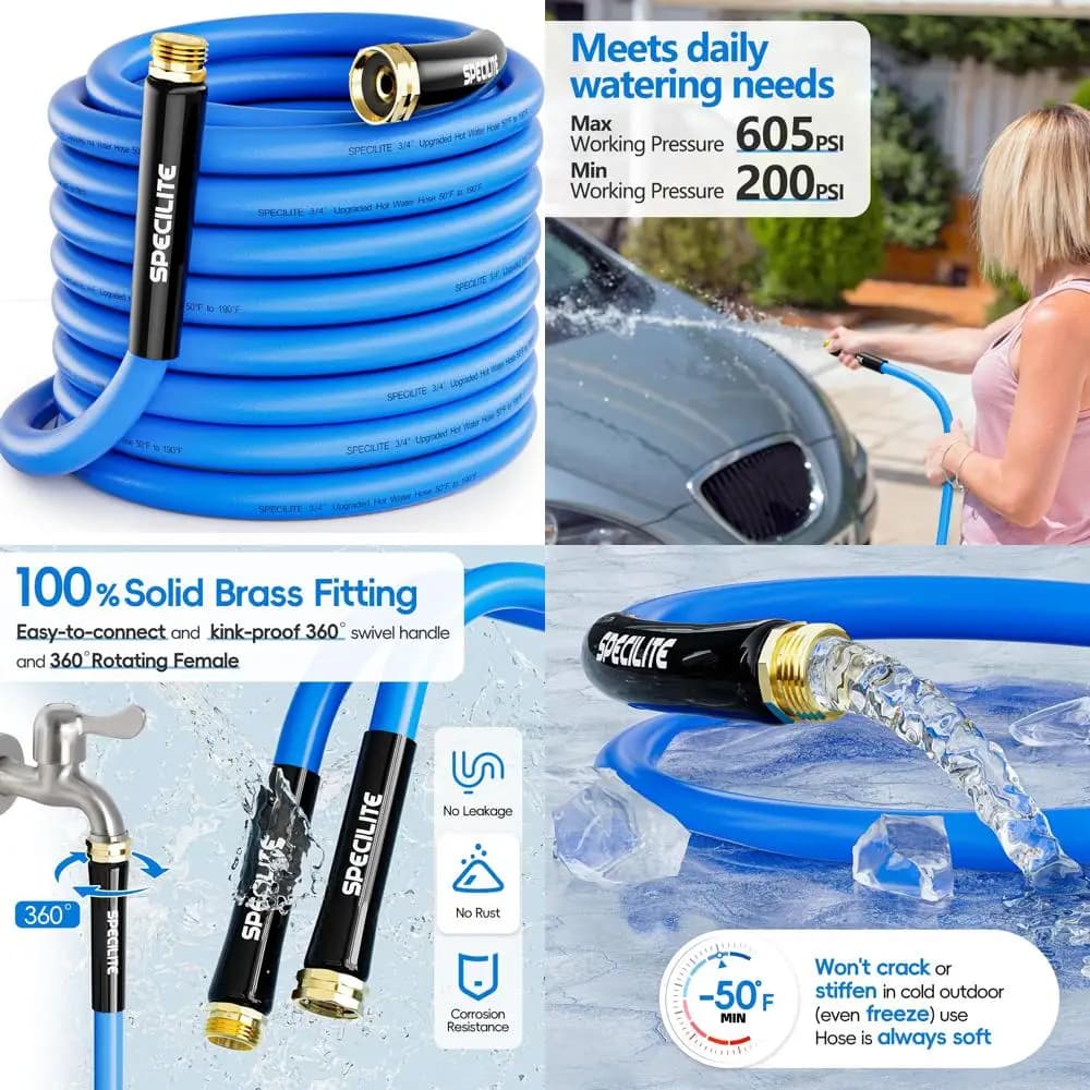 Flexible garden hose for heavy loads 75 feet x 3/4 inches, hot and cold water, -50 °F to 190 °F, High pressure 605 Psi, Lightweight, Upgraded rubbish