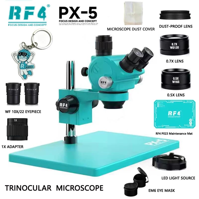 Microscopio stereo trinoculare RF4 Zoom Simul Focal con zoom continuo da 7X a 50X per riparazione di telefoni, PCB ed elettronica PX-5