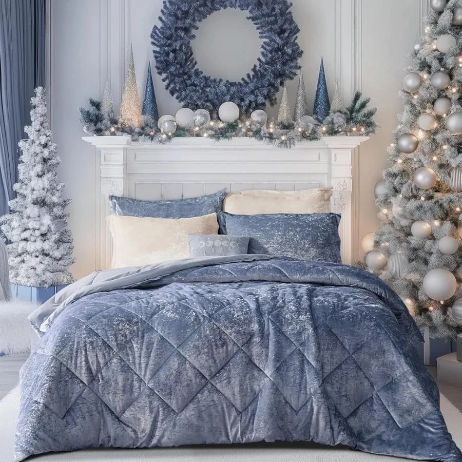 Set duvet Queen Set duvet in velvet Set of soft quilted bed with luxury diamonds with decorative pillow and 2 shelves Blue 4 pieces