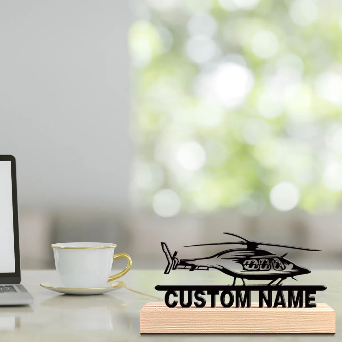 1 custom metal statuette shaped as a helicopter with wooden base, table decoration, gift for artists, perfect for