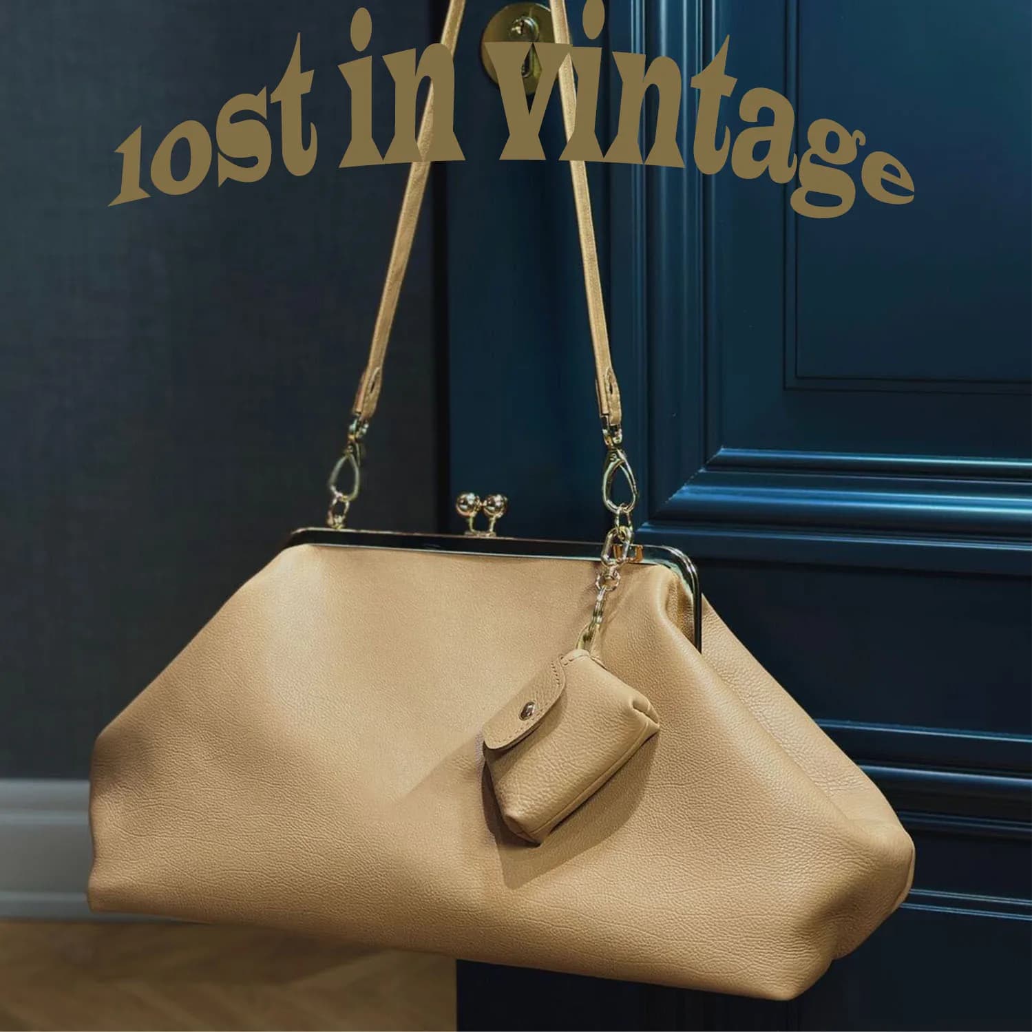 Borsa in Pelle Vintage Lost In 37x23x14cm, Clutch da Sera in Metallo Bronzo con Chiusura a Scatto e Mini Ciondolo per Auricolari