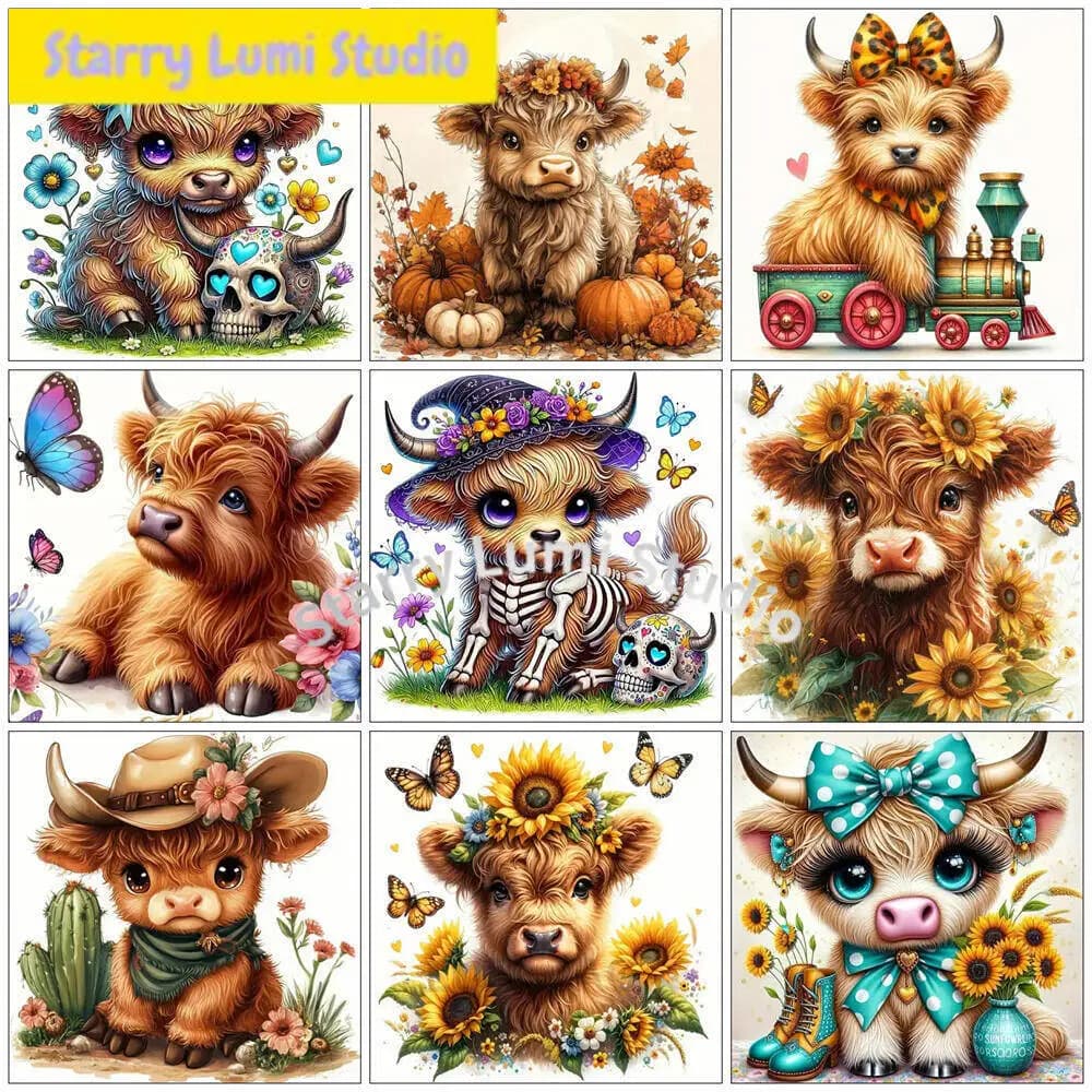 Diamond Painting Mucca Highland Cattle Animale Fai da Te Hobby Ricamo Diamantato Teschio Cartone Animato Girasole Decorazione Casa Regalo