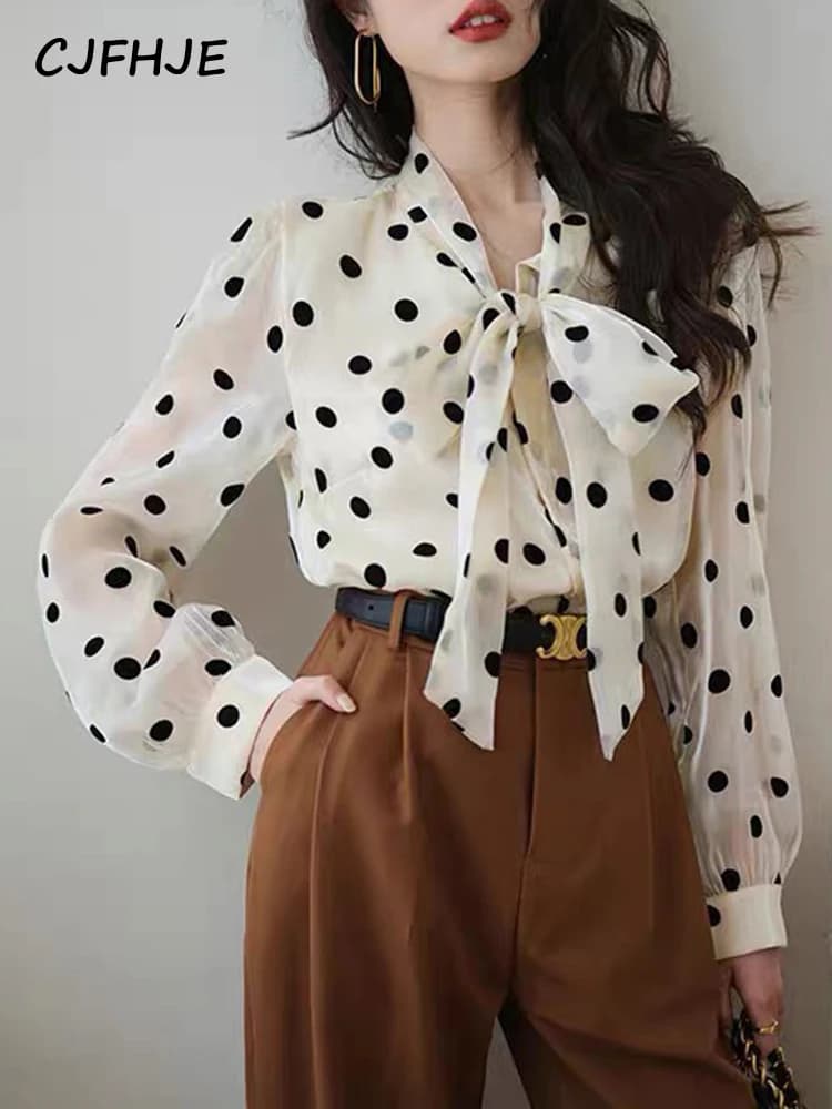 CJFHJE camicetta e pantaloni del vestito donna elegante ufficio signore imposta camicie a pois manica lunga fiocco top vita alta pantaloni alla caviglia