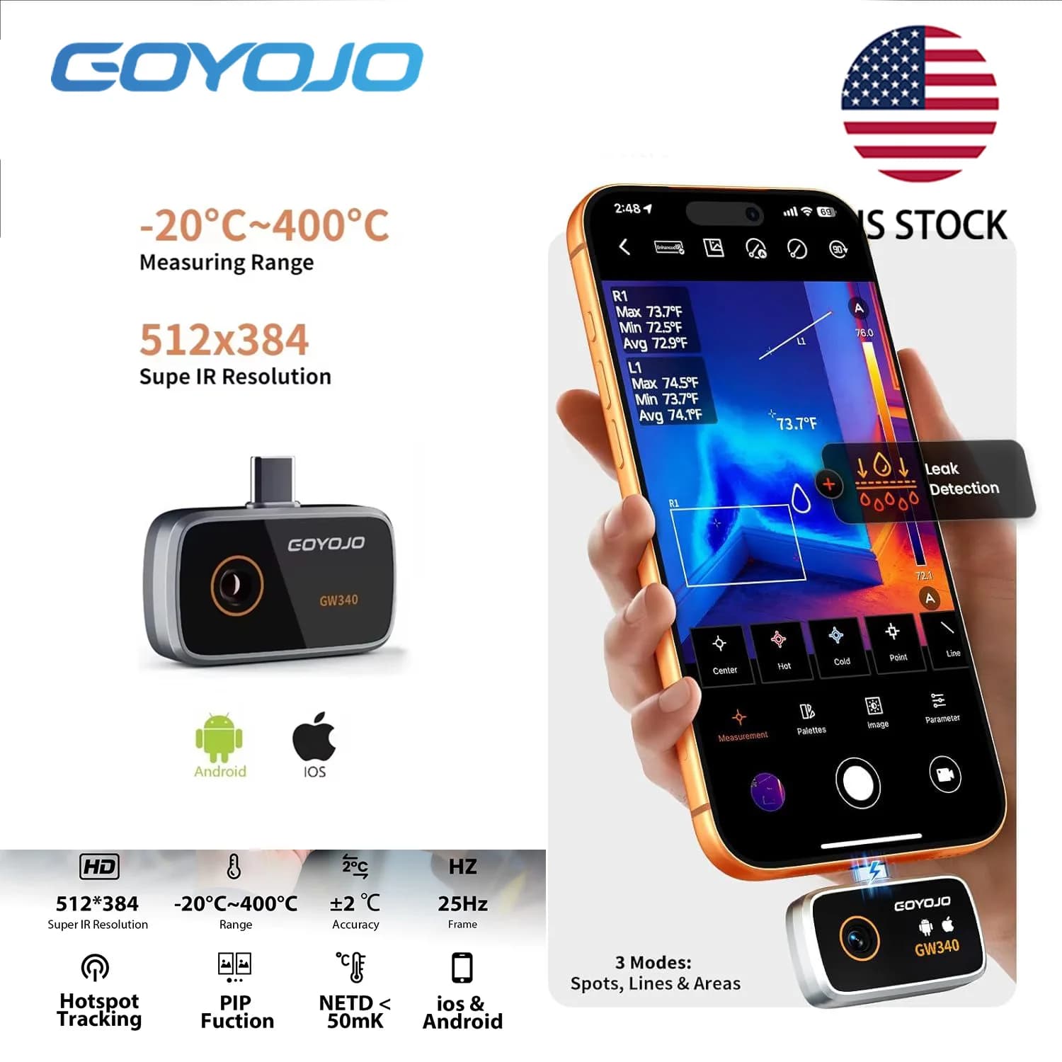 GOYOJO Thermal Camera for IPhone/Android/Tablet, 512x384 Super IR Resolution, Thermal Imager iOS 17/16/15 Series & IPads USB-C Port, 256x192 IR Resolution Home Inspection, HVAC, Automotive -4°F~752°F GW340 GW192A