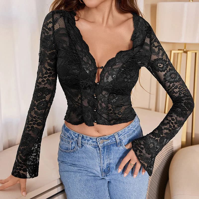 T-shirt da donna solida in pizzo patchwork a rete Moda scollo a V profondo Y2K manica lunga svasata Crop Top T-shirt con bottoni sexy