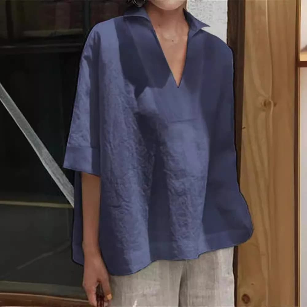 Women's versatile half sleeve shirt in cotton and linen combined with deep twisted V-neck comfortable female pullover top casual 2025