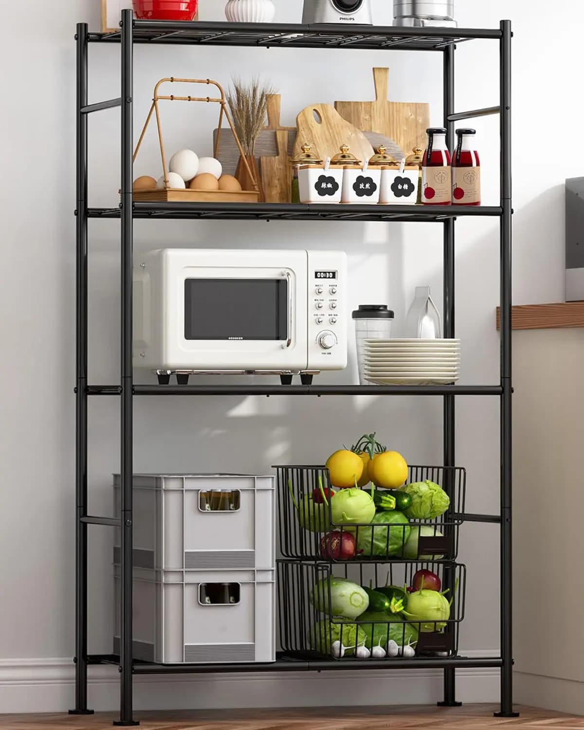 4 Level Heavy Duty Metal Storage Shelves with Leveling Feet, Kitchen Organizer Shelves for Garage Store, 33x13x57 inch Black