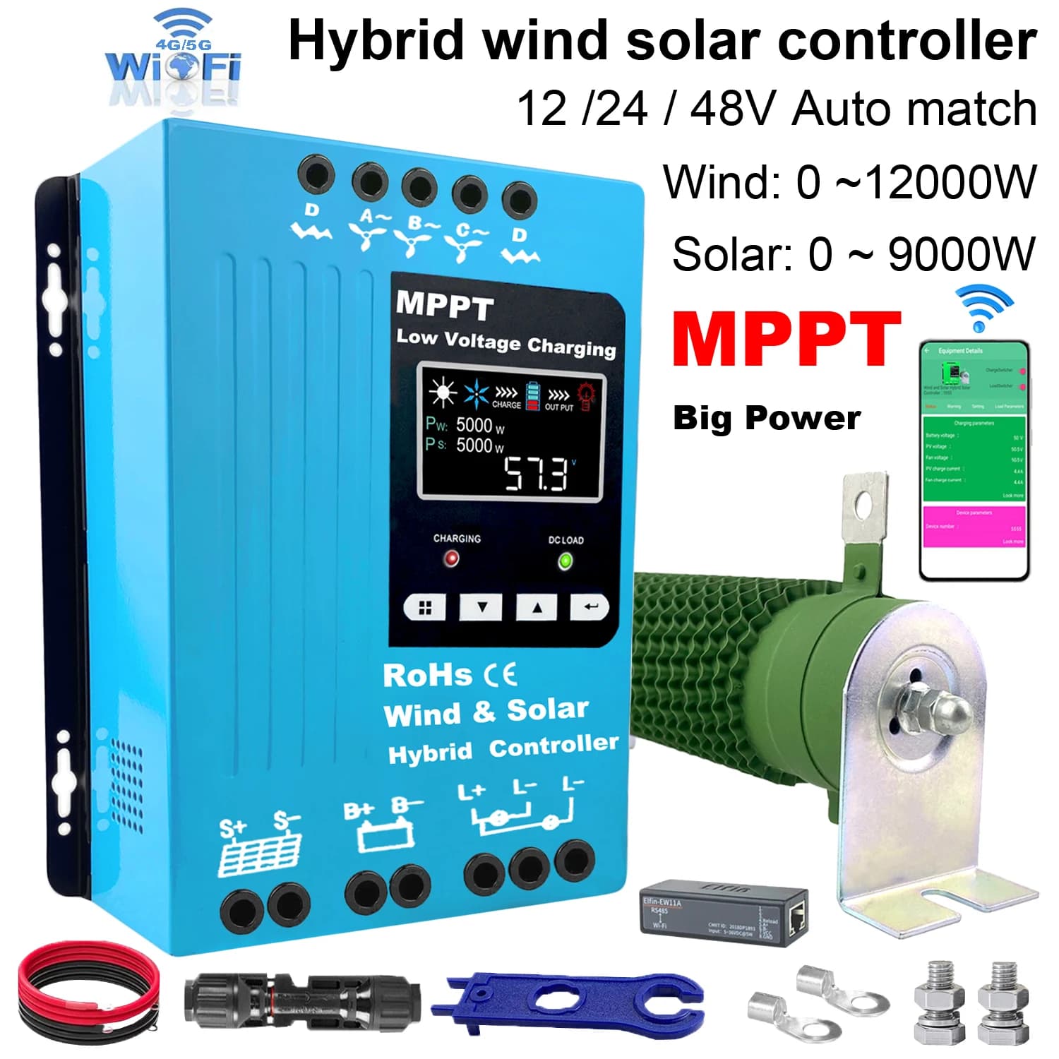 Regolatore di Carica Ibrido Eolico-Solare WiFi 12V 24V 48V 5000W, Caricatore MPPT per Pannello Solare e Turbina Eolica, Batterie al Litio e al Piombo-Acido