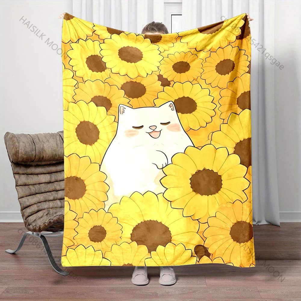 Coperta con stampa di gatto bianco in campo di girasoli, in diverse misure, per adulti e bambini, calda, per casa e viaggi, morbida e confortevole.