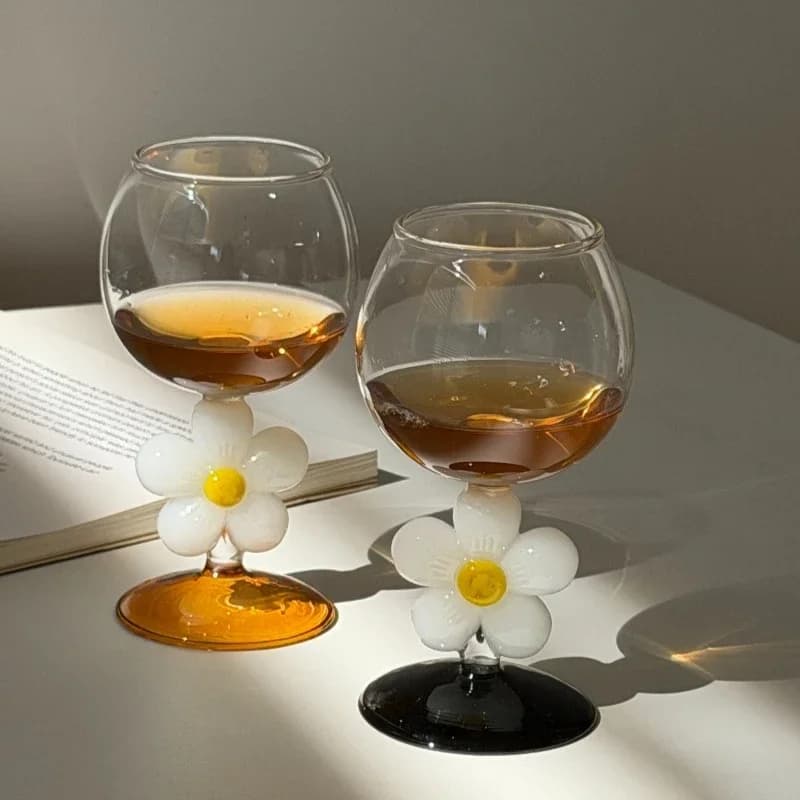 Creative Flower Glass Stemware, Vintage Champagne Wine Cup with Floral Design,Ins Drinking Glass for Party Home, Birthday Gift