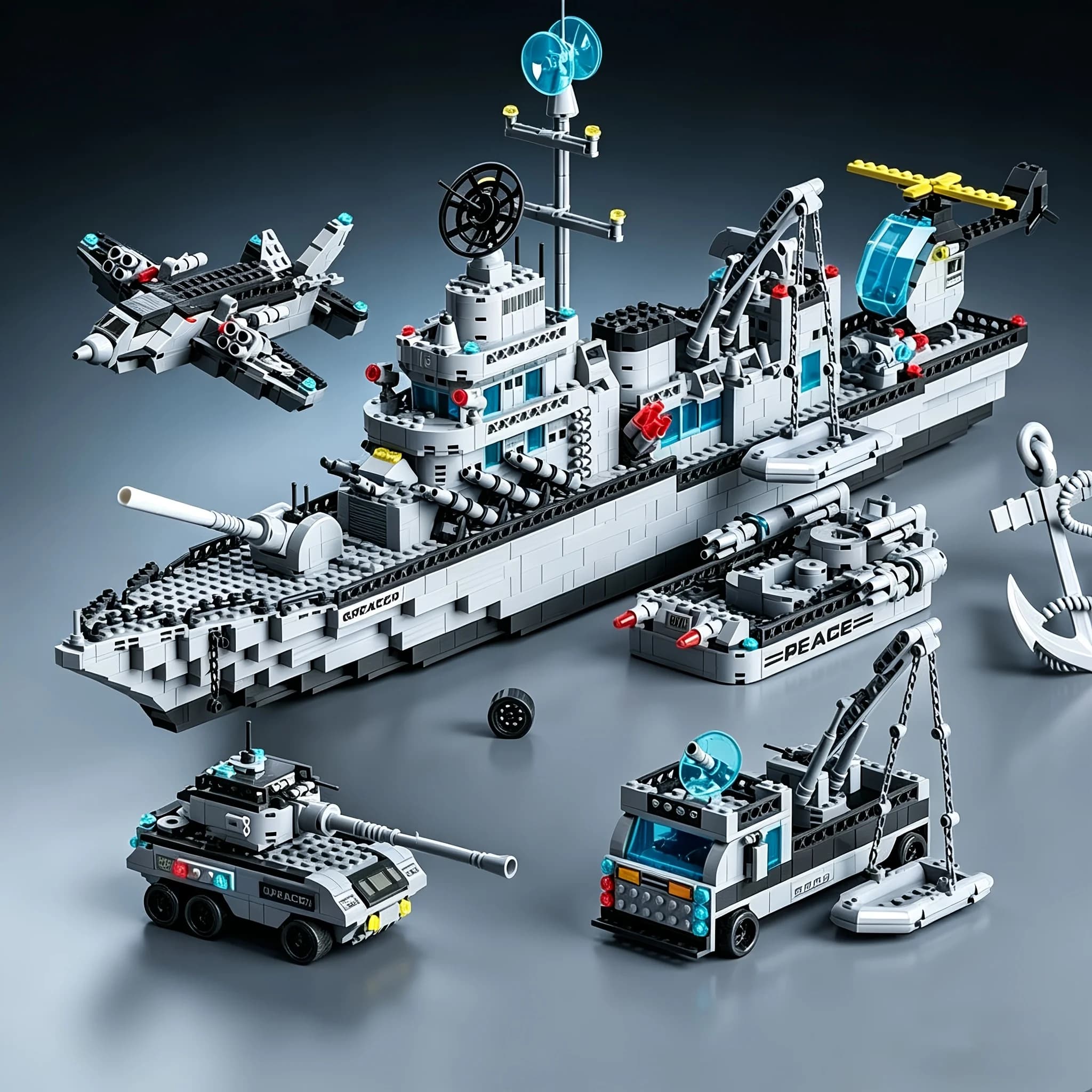 Multi-form Naval Warship Fleet Building Blocks Set, MOC Battleship Model with Aircraft Tank Helicopter, DIY Military Assembly Br
