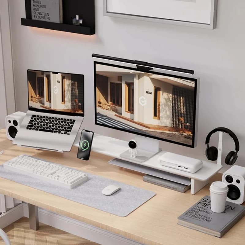‌Modular White Monitor Riser Stand with Storage Shelf, Ergonomic Computer Screen Desk Organizer for Home Office/Gaming Setup‌